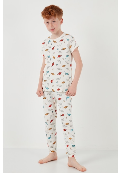 Lela Desenli % 100 Pamuk Bisiklet Yaka Erkek Çocuk Pijama Takımı 6651001 Ekru-Kırmızı