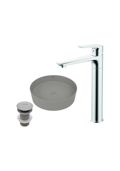 Creavit LP145CGSET Loop Cool Grey Çanak Lavabo Armatür Ve Sifon Başlığı Set Gri