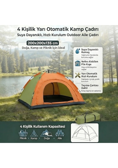 Buffer 4 Kişilik Yarı Otomatik Kamp Çadırı Suya Dayanıklı, Hızlı Kurulumlu Outdoor Aile Çadırı, Doğa, Kamp Ve Piknik Turuncu