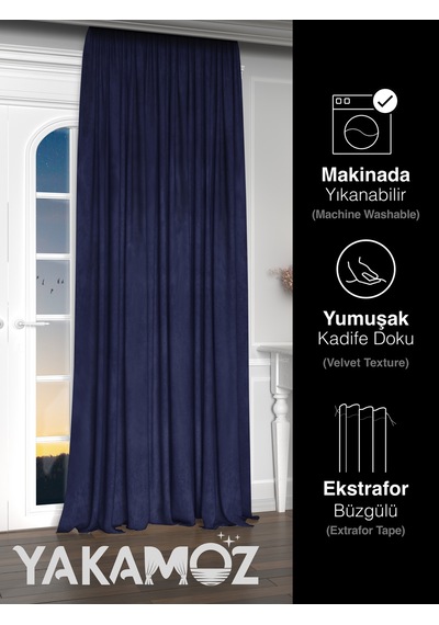 Yakamoz Kadife Görünüm Lacivert Ada Fon Perde Ekstraforlu Velvet Touch Serisi Lacivert