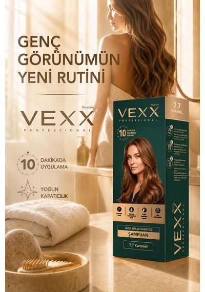 Vexx Professional Beyaz Kapatıcı Pratik Boya Şampuan Karamel 7.7 Amonyaksız Formül 300 Ml.