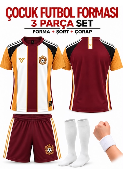 Yenteks İsim Yazılır Çocuk Futbol Forması Sarı-kırmızı Özel Tasarım 4 Parça Forma+şort+çorap+bileklik Kırmızı - Sarı