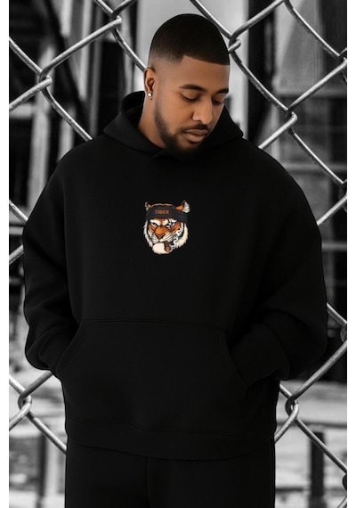 Benroma 3 İplik Penye Kaplan Baskılı Büyük Beden Sweatshırt Siyah