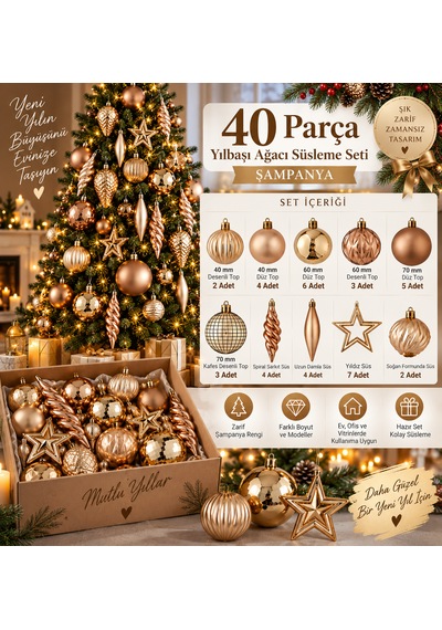 40 Parça Şampanya Yılbaşı Ağacı Süsleme Seti Zarif Top, Yıldız, Damla Ve Dekoratif Süsler 3 CM