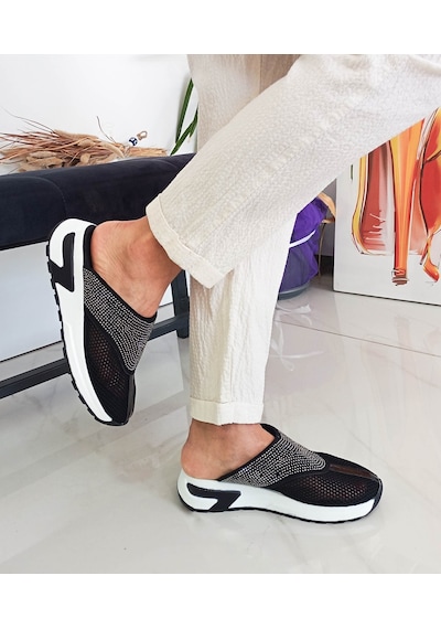 Siyah Renk Düz Taban Taşlı Fileli Kadın Spor Terlik 001