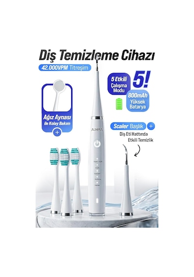 Auhma Amf14 Şarjlı Ultrasonik Diş Temizleme Cihazı Ve Elektrikli Diş Fırçası Seti 5 Çalışma Modu, Ipx8 Su Geçirmez, Tartar Temizleyici Scaler Başlık, 3 Yedek Fırça Ve Ağız Aynalı, Beyaz