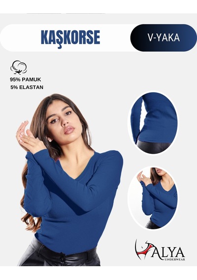 Alya Underwear Pamuklu Kaşkorse V Yaka Body Sweatshirt, Fitilli Kumaş Likralı Bluz, Asker Yeşili Badi Mavi İndigo
