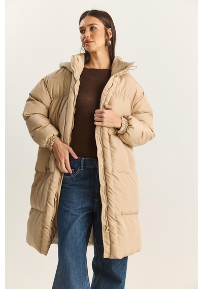Shade Kadın Cep Detaylı Astarlı Kapüşonlu Uzun Puffer Mont 1129 60283868 - Bej