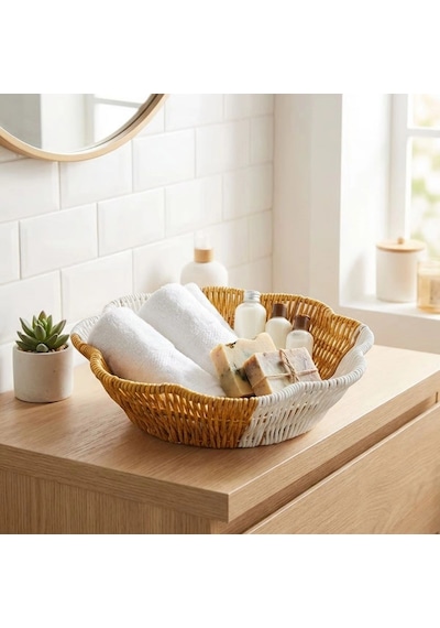 Çiçek Model Çift Renkli Plastik Rattan Ekmek Ve Meyve Sepeti - Çok Amaçlı Banyo Ve Mutfak Düzenleyic Çok Renkli