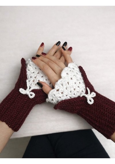 Youngcraft El Örgüsü Vintage Eldiven Bordo-beyaz
