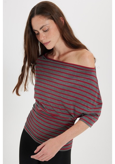 Tudors Kadın Regular Fit Klasik Kesim Asimetrik Yaka Yarasa Kol Çizgili Likralı Bordo Viskon Crop Bluz-52831