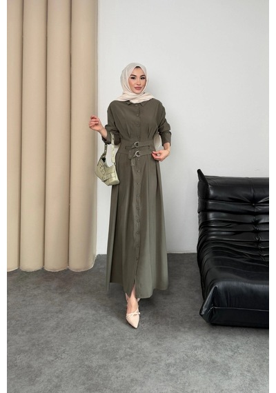 Mihran Butik Valeno Model Coupra Model Kumaş Kemer Detaylı Elbise Haki