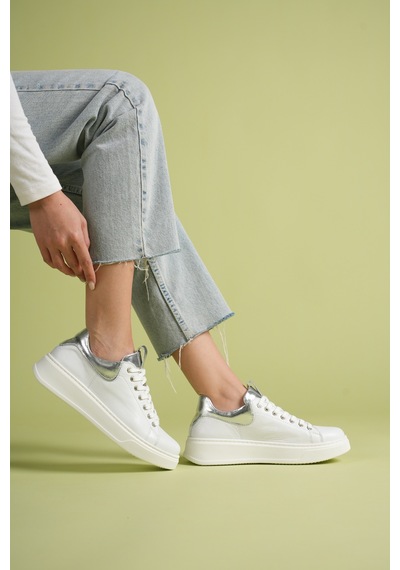 Analin Shoes Kadın Hakiki Deri Bağcıklı Casual Spor Ayakkabı Beyaz-gümüş