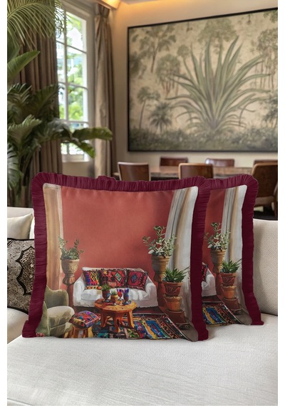 Etnik Otantik Şark Köşesi Saçaklı Yastık Kılıfı - Kiremit Bordo Püsküllü Kırlent Kılıfı - 40x40 Cm Uzak Düş Halo