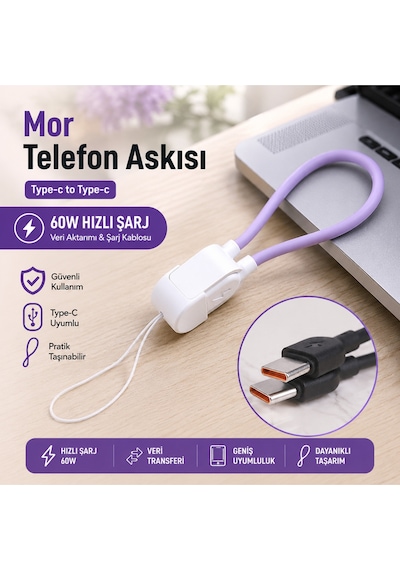 Type-c Veri Ve Şarj Kablosu Telefon Askısı Özellikli Hızlı Şarj Uyumlu Power Bank Uyumlu Taşınabilir Kablo