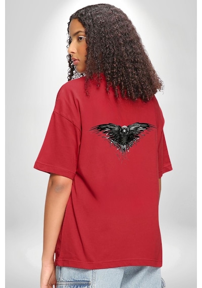 3 Gözlü Kuzgun Kırmızı Oversize Unisex Ön Ve Sırt Baskılı Tişört Kırmızı