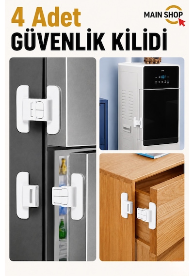Mainshop 4 Adet Buzdolabı Güvenlik Kilidi - Buzdolabı Kapı Tokası - Kendinden Yapışkanlı M-360 Beyaz