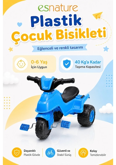 Esnature Plastik Çocuk Bisikleti 3 Tekerlekli Pedallı Mavi 0-6 Yaş 40 Kg Taşıma Kapasiteli Çok Renkli