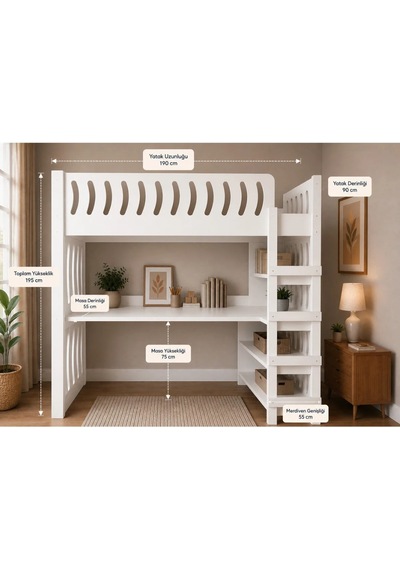 Ranza Çalışmalı Kıtaplıklı Beyaz 1.sınıf Mdf 190 90cm 90 x 190