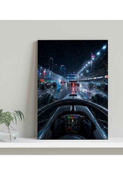 Bk Gift Yağmurlu Gece Formula Yarışı Pilot Kokpiti Ve Şehir Pisti Temalı Kanvas Duvar Tablosu 50x70 Cm