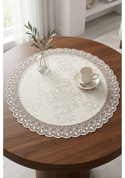 Lüks Dekoratif Yuvarlak Runner Güpür Kenarlı Jakarlı Desenli Orta Sehpa Örtüsü 60 Cm Çap Beyaz Kırık