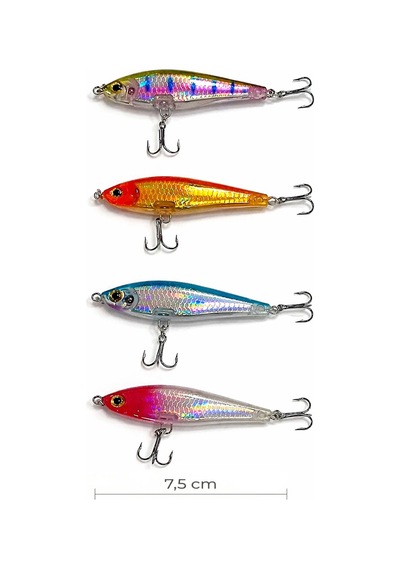 Exent, 4 Adet 8 Gr. 7,5 Cm 6 Kancalı Suni Balık Yemi, Rapala-gerçek Görünümlü Suni Yem