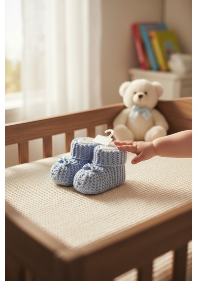 Balbeybi Örgü Triko Yenidoğan Bebek Patiği 0 6 Ay Unisex Ponponsuz Yumuşak Patik Mavi