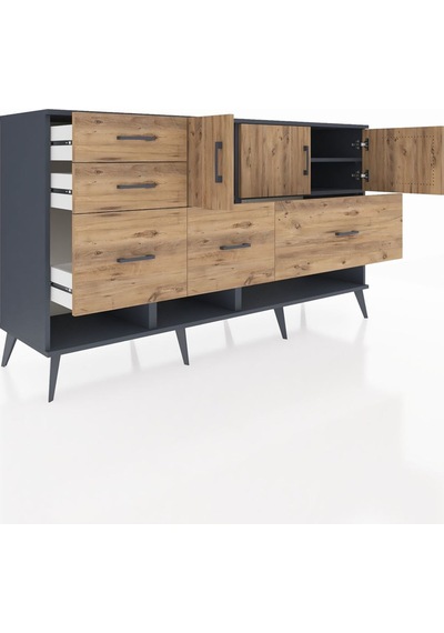 Hyperion Konsol 3 Raflı 5 Çekmeceli 3 Kapaklı 176x44x99 Antrasit- Antrasit-çam