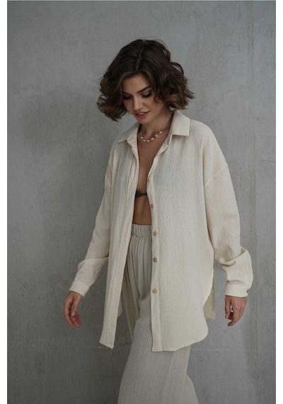 Mai Collection Mai Studios Co. Jovena Gizli Düğme Detay Naturel Gömlek Natürel