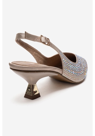 Luvishoes Royale Bej Saten Taşlı Kadın Kısa Topuklu Abiye Ayakkabı