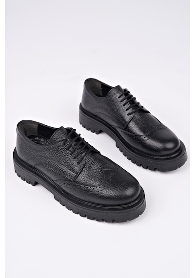 Muggo Amour Bağcıklı Hakiki Deri Kalın Taban Günlük Casual Makosen Kadın Loafer Ayakkabı Siyah