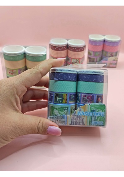 Vintage Washi Tape Bant Baskılı Yapışkanlı Maskeleme Kağıdı Desenli Bant 10'lu - Mavi Pul Mektup 1