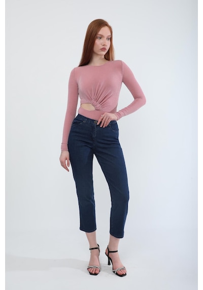 Blue White Kadın Beli Lastikli Likralı Esnek Jean Pantolon Koyu Mavi 34