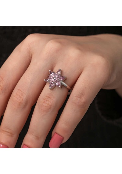 925 Ayar Gümüş Ayarlanabilir Pembe Lotus Çiçeği Kadın Yüzük Renkli