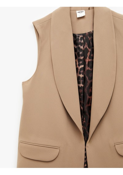 Koton Astarı Leopar Desenli Cepli Uzun Blazer Yelek Vizon 6sak20050uw Vizon