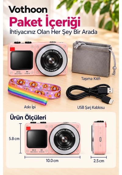 4k Dijital Fotoğraf Makinesi 18x Dijital Zoom 64 Mp Ön Ve Arka Ekranlı Kompakt Kamera Pembe Çok Renkli