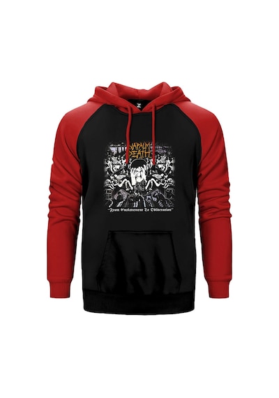 Napalm Death From Enslav Kırmızı Renk Reglan Kol Kapşonlu Sweatshirt Kırmızı