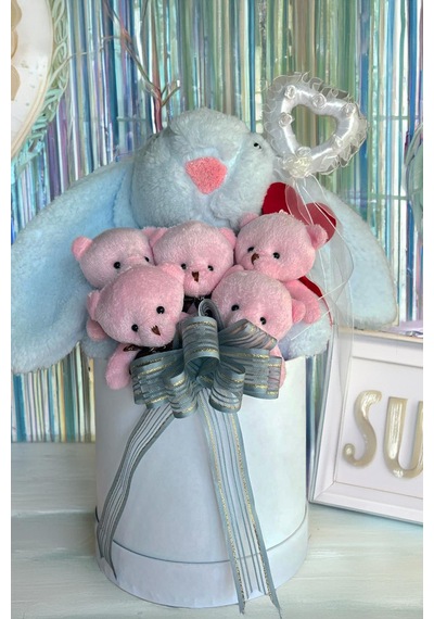 Sole Premium Özel Hediye Kutusunda 45 Cm Mavi Bunny Tavşan Ve 5 Adet Pembe Peluş Ayıcık Buketi