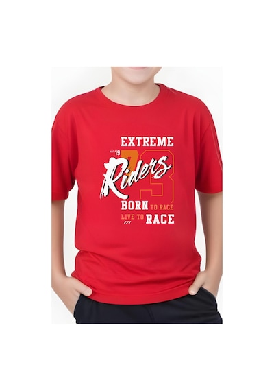 Panios Kids Extreme Riders Baskılı Erkek Çocuk Yuvarlak Yaka Kısa Kollu T-shirt Kırmızı