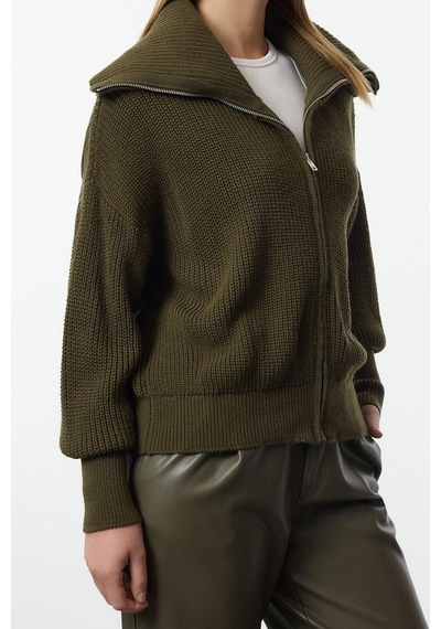Ersefa Kadın Modern Tarz Oversize Devrik Yaka Regular Triko Hırka Haki