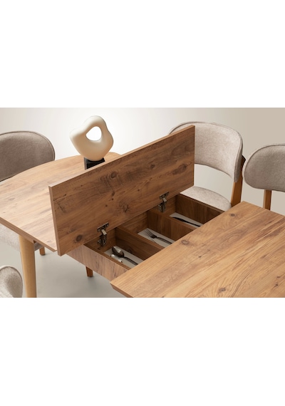 Ortadan Açılır Ahşap Yemek Masası Gizli Kaşıklık Bölmeli 80cm X 140cm Diş Budak Naturel