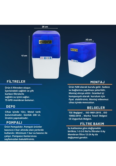 5 Aşamalı Mineralli 8 Litre Çelik Tanklı Şeffaf Mavi Pompalı Kapalı Kasa Su Arıtma Cihazı -