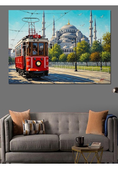 Kırmızı Tramvay İstanbul Şehri Dekoratif Kanvas - Mdf Ahşap Tablo