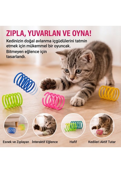 Bakgelal Renkli Spiral Yay Kedi Oyuncağı Seti 4'lü - Esnek Hareketli Eğlenceli Kedi Yay Oyun Seti - 9030911011810
