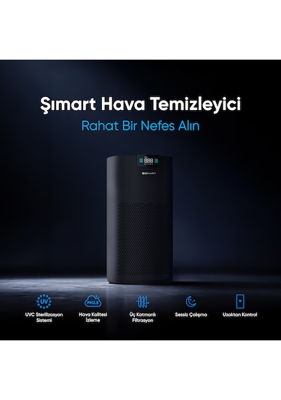 Şımart Akıllı Hava Temizleyici Pro H13 Hepa Filtreli 450 M3 Uv Negatif İyonlu Wi-fi Kontrollü 54 M2 Siyah