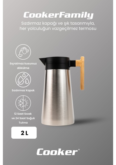Cooker Bamboopour 2 Litre Paslanmaz Çelik Bambu Saplı Çelik Termos Ckr2094 Diğer