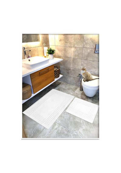 %100 Pamuk Dokuma Su Emici Banyo Paspas Seti, Banyo Halısı Vera 2 Li Set 60x100-60x50 Beyaz Diğer
