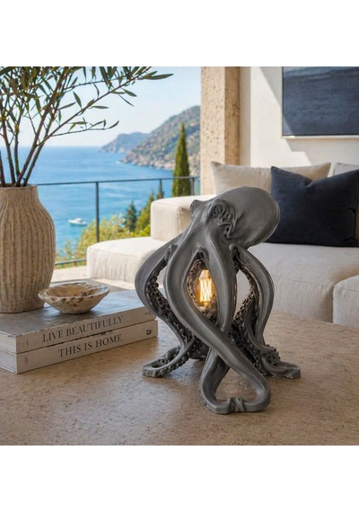 3dlab Luxury Ahtapot Masa Lambası Dekoratif Tasarım Abajur Rustik Ampullü Premium Ev Dekoru Gri