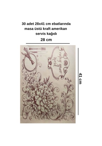 30 Adet 28x41 Cm Ebatlarında Masa Üstü Kraft Amerikan Servis Kağıdı Çiçek Desen