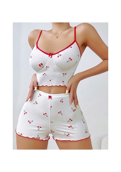 Mr Owl Kadın Beyaz Vişne Desenli Dantel Askılı Şortlu Pijama Takımı